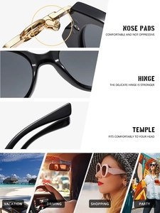 Detailed macro view of black round frame sunglasses with reinforced gold hinges and nose pads