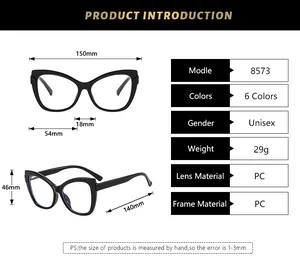 Detailed size chart for cat eye blue light glasses with dimensions and PC frame specs