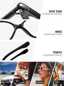 Detail of comfortable nose pads and sturdy hinges on black cat eye eyeglass frames