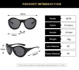 Size guide for futuristic round oversized sunglasses with detailed frame measurements