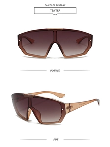 Detailed front and side views of oversized tea gradient wrap-around sunglasses