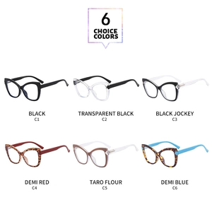 Cat eye blue light glasses frames shown in six assorted colors including black and leopard
