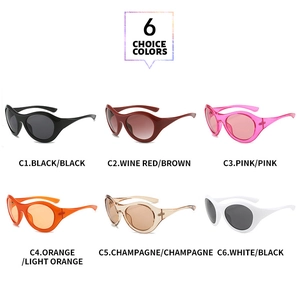 Detailed grid of futuristic oval oversized sunglasses in six trendy color variants
