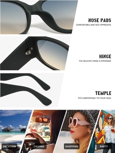 Détails des charnières renforcées et des plaquettes de nez de lunettes de soleil noires