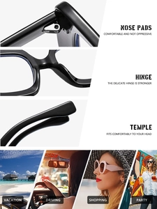 Detail view of square frame glasses with nose pads, hinges, and lifestyle use cases