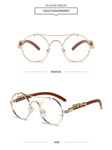 Close-up of golden metal round glasses featuring leopard head detail and wood grain temples