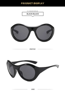 Front and side views of black oversized futuristic oval wrap-around cycling sunglasses