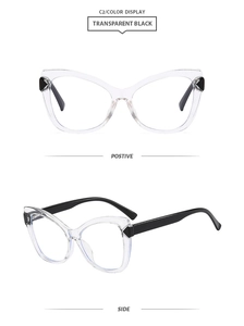 Cat eye glasses frame detail in transparent black with spring hinge and side view