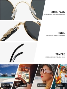 Detail of golden panther head relief on hinges and retro round double bridge sunglasses