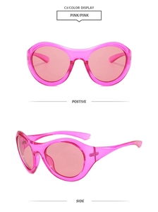 Front and side views of pink Y2K futuristic large round frame cycling sunglasses