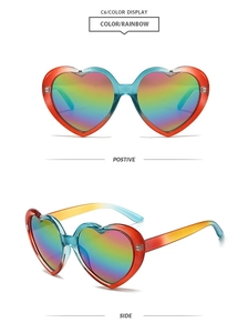 Front and side macro views of rainbow gradient heart-shaped sunglasses in style C6