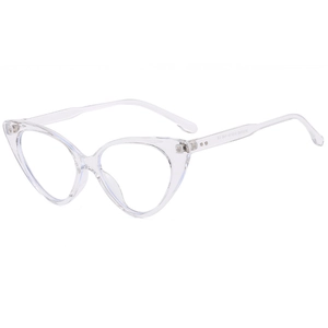 Fashionable transparent cat-eye glasses frame at a 45-degree angle on a white background