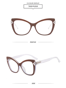 Detail view of cat eye anti-blue light glasses in Taro Flour with spring hinges