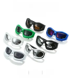 Collection of Y2K style wraparound sports sunglasses in vibrant colors and mirrored lenses