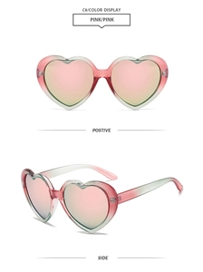 Front and side view of heart-shaped sunglasses with pink gradient frames and lenses