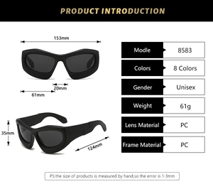 Detail view of black Y2K wraparound sunglasses showing frame dimensions and sport design
