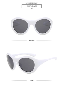 Front and side views of white futuristic oversized oval sunglasses with dark lenses