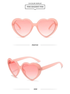 Front and side views of pink heart-shaped sunglasses with gradient lenses in high detail
