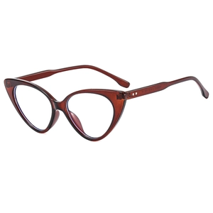 Retro cat-eye triangle glasses frames in translucent brown finish with blue light lenses