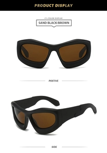 Detail view of Y2K thick bubble sunglasses in sand black frame with brown lenses
