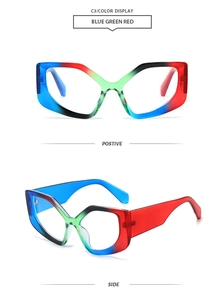 Détail de la monture papillon dégradé bleu, vert et rouge avec vues de face et de profil