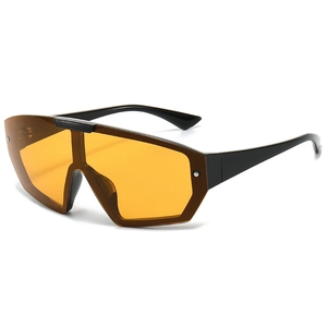 Oversized orange wrap around sports sunglasses with black frame and rivet details