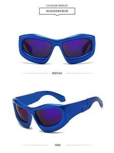 Detail view of Y2K wraparound sunglasses featuring blue matte frame and purple lenses
