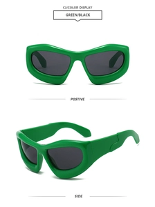 Detailed front and side view of trendy Y2K green thick plastic frame sunglasses with dark lenses