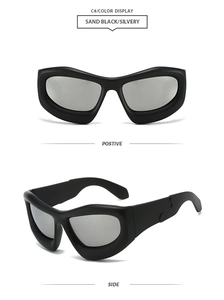 Front and side view of Y2K style wrap-around sunglasses in sand black and silver
