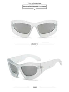 Front and side views of Y2K futuristic wrap-around sunglasses in sand transparent and silver