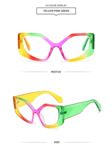 Détails des lunettes œil de chat épaisses avec dégradé arc-en-ciel jaune rose et vert