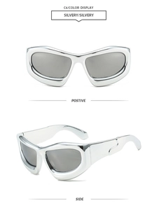 Close-up of futuristic silver Y2K bubble sunglasses with grey lenses and metallic finish