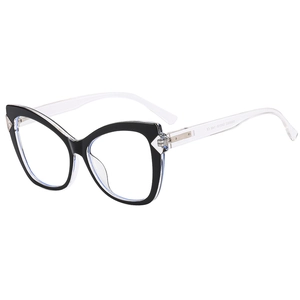 Modern cat-eye anti-blue light glasses with black frames and transparent spring temples