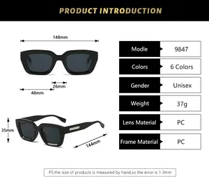 Tableau détaillé des tailles de lunettes de soleil carrées vintage avec dimensions