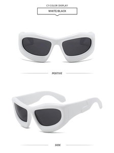 Front and side profile of white wide-frame Y2K sunglasses with dark black lenses