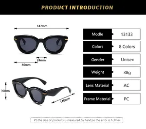 Detailed size chart for oval puffer sunglasses including frame width and lens measurements