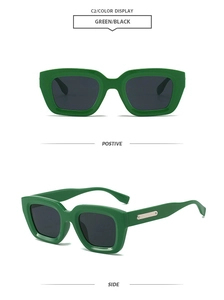 Détails des lunettes de soleil carrées vertes avec des accents métalliques argentés
