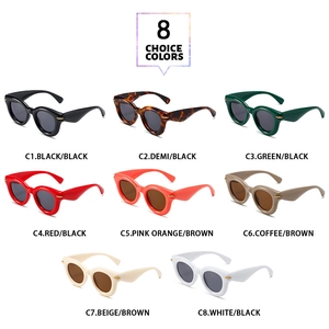 Detailed grid of oval puff sunglasses in 8 assorted colors with gold rivet accents