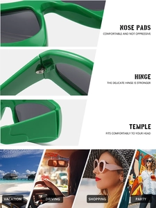 Detail view of green Y2K bubble sunglasses featuring thick frames and durable hinges