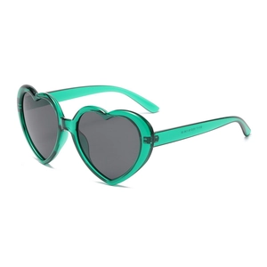 Classic retro heart-shaped sunglasses with transparent green frames and dark grey lenses