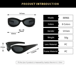 Größentabelle für futuristische Sonnenbrillen mit Maßen für Rahmen und Gläser aus PC