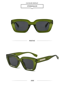 Vue de face et de côté de lunettes de soleil carrées rétro vert olive avec accents métal