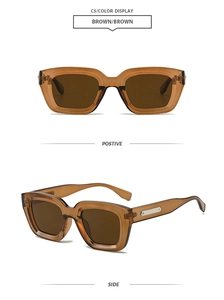 Vue détaillée des lunettes de soleil carrées rétro marron avec monture transparente et métal