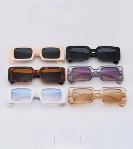 Flat lay of vintage rectangular sunglasses in beige, black, tortoise, and clear frames