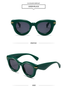 Front and side view of dark green puffy oval sunglasses with gold decorative rivets