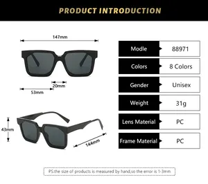 Detailed size chart and technical specifications for square frame vintage sunglasses