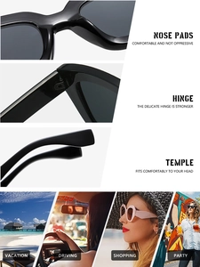 Détails de lunettes de soleil carrées rétro avec plaquettes de nez et charnières en métal
