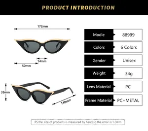 Size chart showing dimensions and PC metal materials for cat eye retro sunglasses