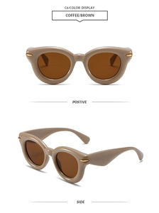 Detailed views of brown cat-eye puffy sunglasses with stylish gold accents and UV protection