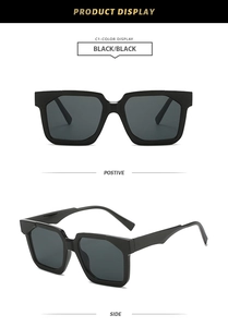 Front and side macro views of retro square black sunglasses with thick frames